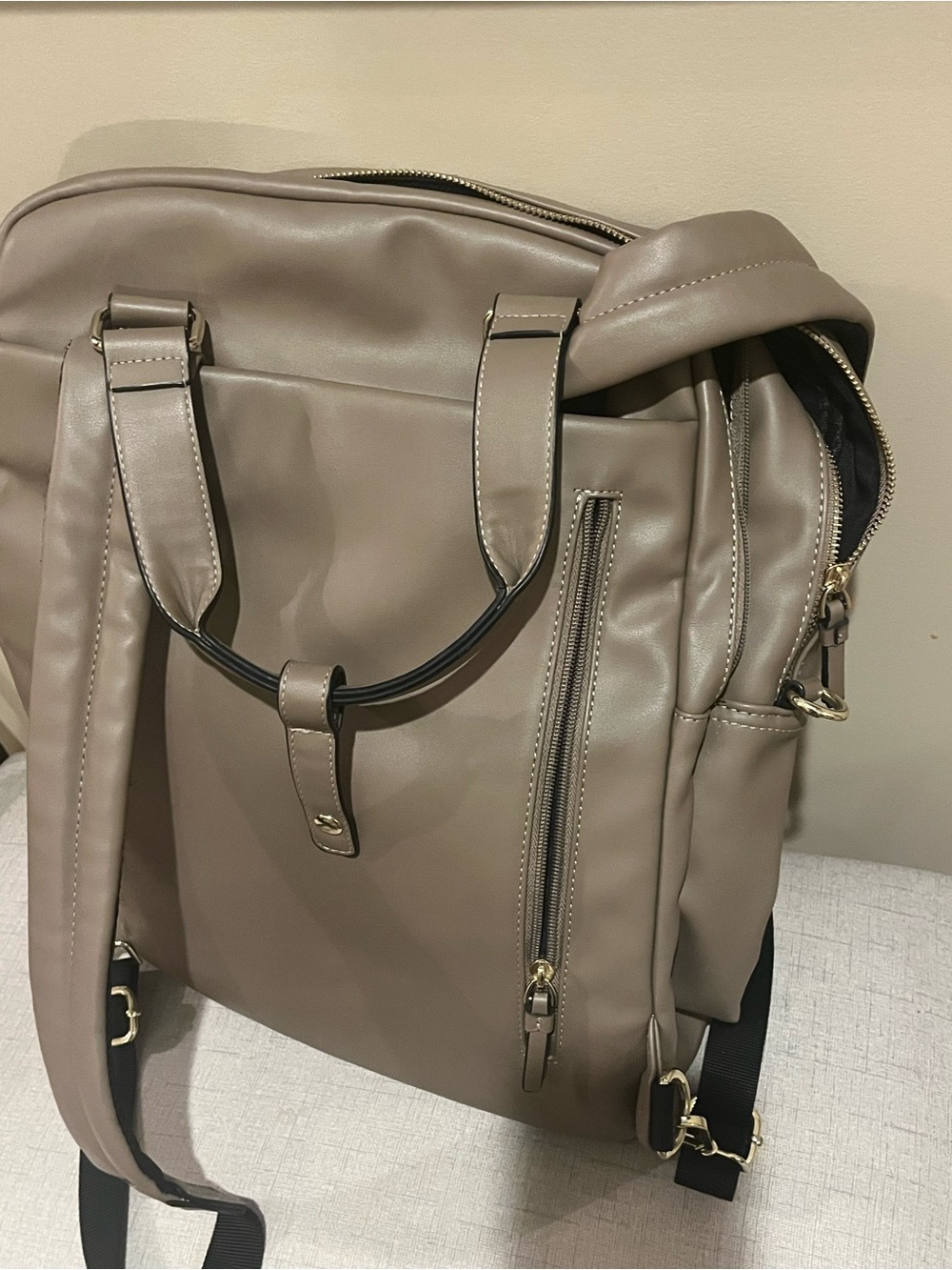 Like New Bugatti Taupe Faux-Leather Convertible Backpack Messenger - Picture 5 of 11